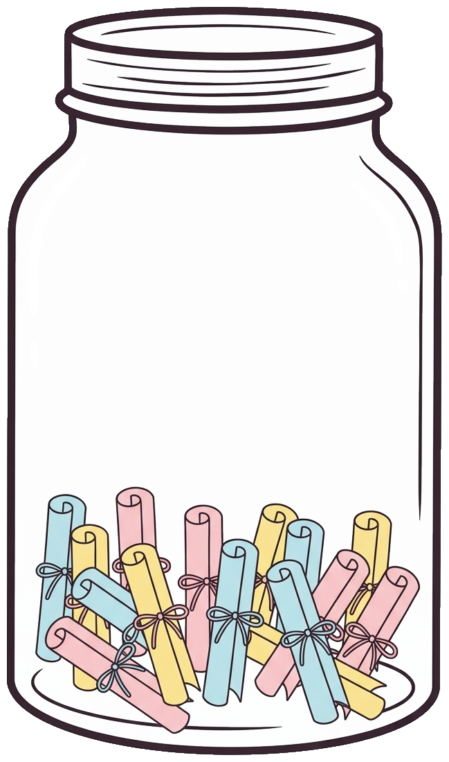Glass jar with rolled pastel scrolls